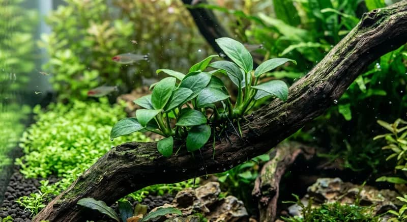 Anubias plant attached to driftwood in aquarium