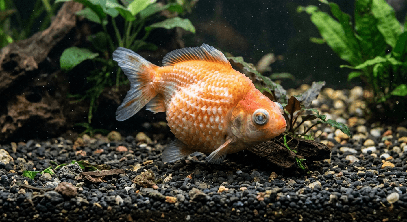 Fish with severe dropsy showing dramatically swollen body and scales protruding outward like a pinecone