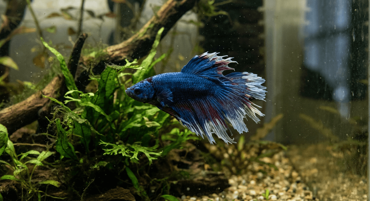 Betta fish with fin rot showing ragged, deteriorating fin edges with white discoloration