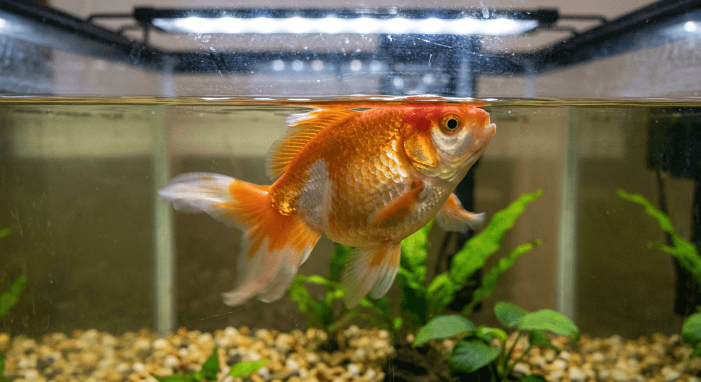 Goldfish floating sideways near the surface with a visibly bloated belly from swim bladder disease